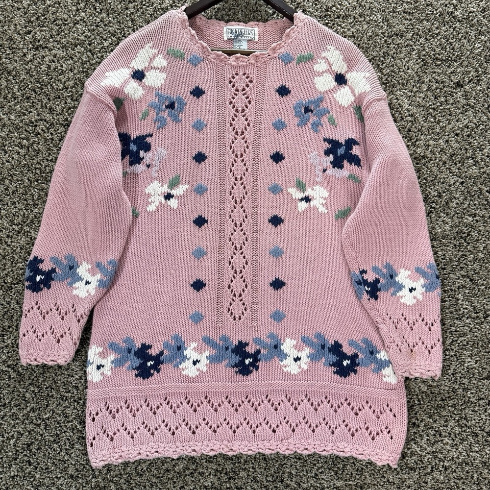 Gina Peters Ramie‎ Cotton Sweater S Pink Floral Knit Cottagecore Tunic 90s VTG